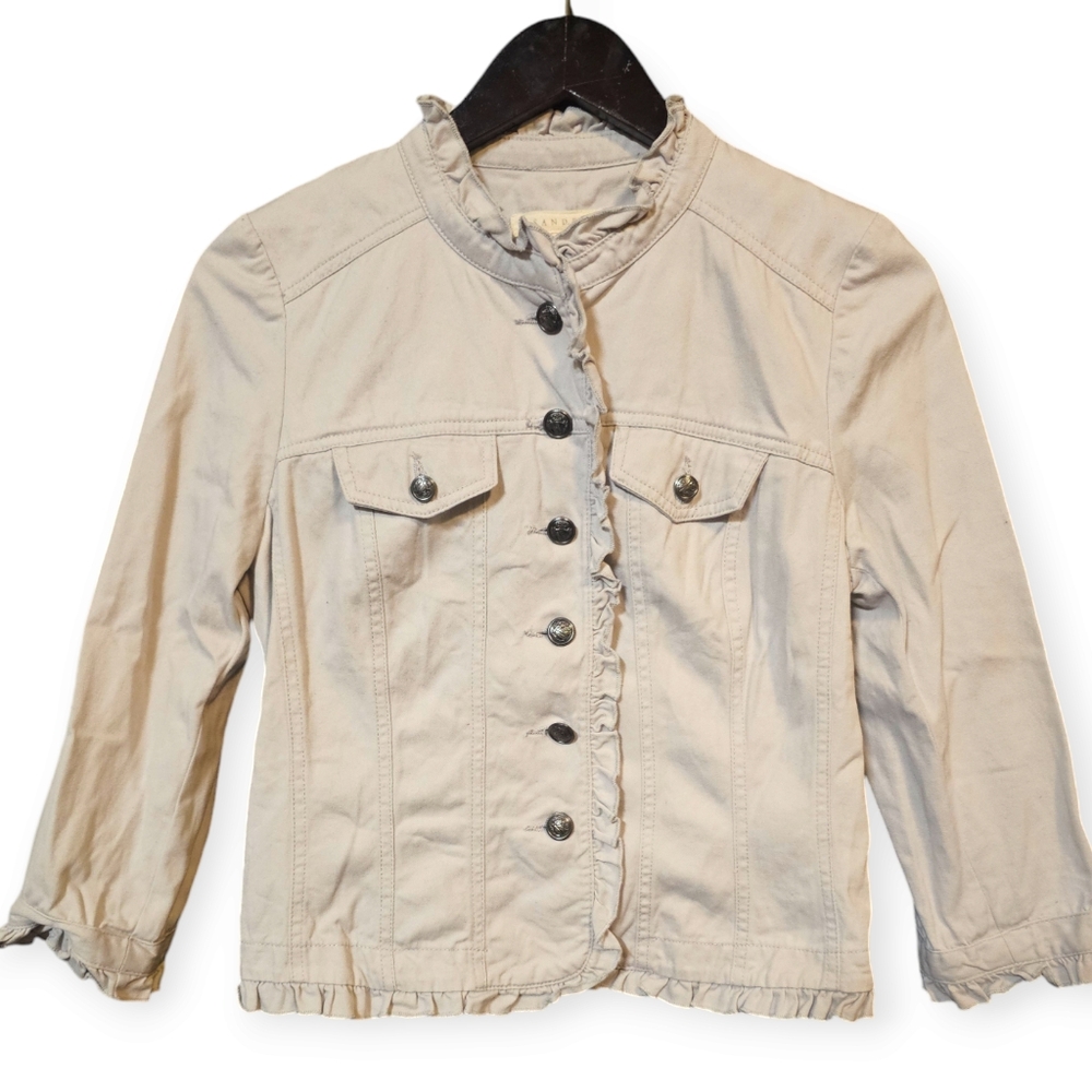 Sandro Pale Gray Button Down Ruffled 3/4 Sleeve Cropped Jacket